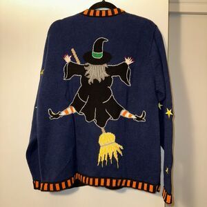The Quacker Factory Vintage Large Halloween Witch Knit Cardigan Navy Womens EUC